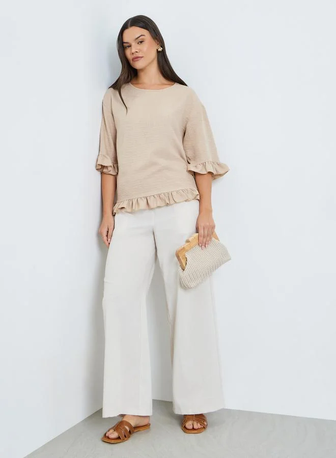 تايك تو بلوزة بيج بأكمام ثلاثة أرباع وتفاصيل كشكشة